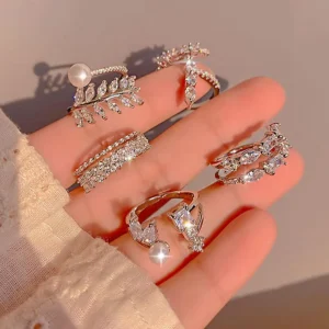 RENSINO Stainless Steel Silver Plated Boho Butterfly Leaf Pearl Zircon Stackable Finger Rings for Women Dainty Jewelry Gifts