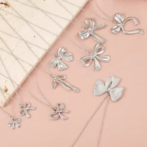 RENSINO Stainless Steel Silver Plated Bow Pendant Necklace Korean Style Cute Link Chain Party All Match Fashionable Light Luxury