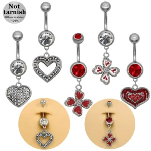 RENSINO Stainless Steel Silver Plated Cute Red Heart Flower Star Butterfly Belly Ring Piercing Jewelry