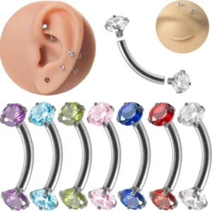 RENSINO Stainless Steel Silver Plated Stud Body Piercing Round Shaped Zircon Eyebrow Earrings Piercing Jewlery for Women Wedding Gift