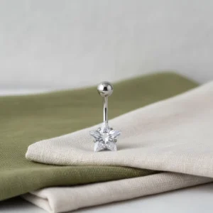 RENSINO Stainless Steel Silver Plated Women’s Body Jewelry Navel Piercing Engagement Wedding Star Zircon Pendant Belly Ring
