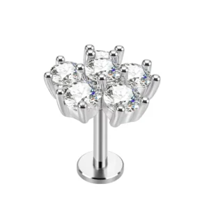 RENSINO Stainless Steel Small Cz Body Piercing Fine Earring Claw Setting Flower Zircon Top Labret Jewelry for Wedding