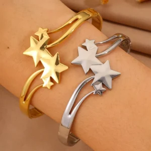 RENSINO Stainless Steel Smooth Star Stacked Bangle Pulsera Women 18K Gold Plated Geometry Cuff Bangle