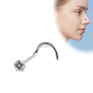 RENSINO Stainless Steel Star Zircon Body Piercing Jewelry Nose Screw Steel Plating 7MM Length for Women