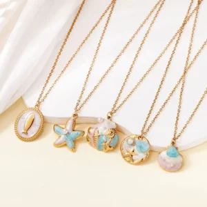 RENSINO Stainless Steel Summer Ocean Style Starfish Shell High end Texture Non Fading Pendant Necklace Fashionable Accessory