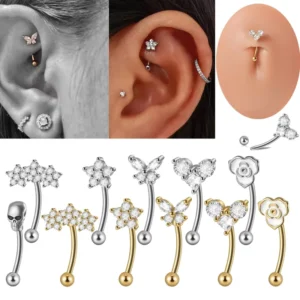 RENSINO Stainless Steel Surgical Steel Butterfly Skull Zircon Belly Button Eyebrow Ring Curved Barbell Flower Claw