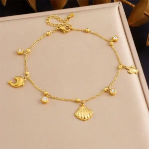 RENSINO Stainless Steel Tarnish Free Beach Anklet 18k Pvd Gold Plated Turtle Dolphin Scallop Charm Anklet