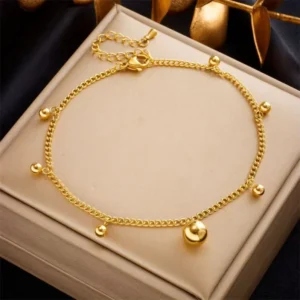 RENSINO Stainless Steel Tarnish Free Beach Jewelry Non Tarnish 18k Pvd Gold Round Beads Charm Anklets
