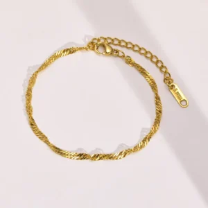 RENSINO Stainless Steel Tarnish Free PVD Gold Plating Spiral Singapore Rope Chain Water Wave Twisted Chain Bracelet Anklet