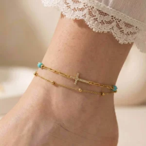 RENSINO Stainless Steel Turquoise Zircon Cross Double Layer Ankle Chain 18K Gold Anklet for Women