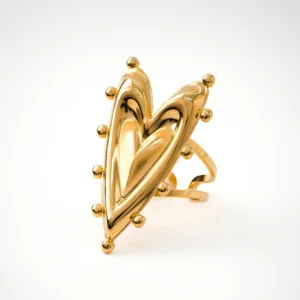 RENSINO Stainless Steel Unique Heart Stud Earrings Adjustable Open Finger Rings PVD Gold Plated Hypoallergenic Fashion Jewelry Set for