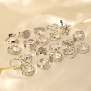 RENSINO Stainless Steel Waterproof Silver Irregular Shape Open Adjustable Rings Sets for Women Men