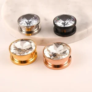 RENSINO Stainless Steel White Zirconia Crystal Screw Ear Tunnels Plugs Expander Stretcher Gauges Earrings Hiphop Body Piercing Jewelry