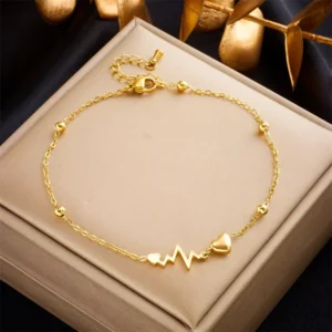 RENSINO Stainless Steel Women Foot Chain Jewelry Accessories 18K Gold Plated Waterproof Titanium Steel ECG Charm Anklet