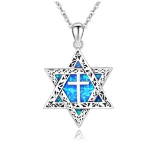 RENSINO Star Of David Necklace 925 Sterling Silver Opal Pendant With Cross Star Of David Necklace Amulet Jewelry For Men Women Wife