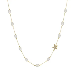 RENSINO Starfish Inspired Cultured Freshwater Pearl Station Choker with Zirconia 925 Sterling Silver Chain Necklace