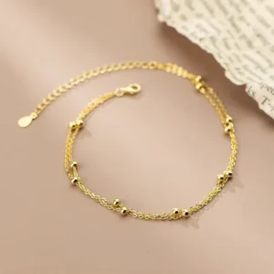 RENSINO Statement Double Layer Chain Round Ball Beaded 18K Gold Plated 925 Sterling Silver Anklets Bracelet Fashion Jewelry for Women