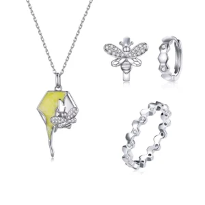 RENSINO Sterling S925 Silver Zircon Fashion Insect Bee Design Necklace Ring Earrings Jewelry Set for Girls