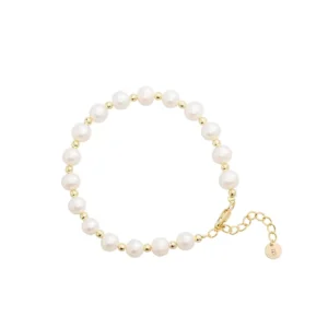 RENSINO Sterling Silver 14K Gold Plated Natural Freshwater Pearl Strand Charm Bracelet for Women Baroque Pearl