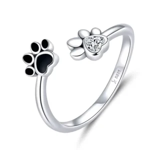 RENSINO Sterling Silver 925 Black Enamel Dog Paw Open Adjustable Crystal Finger Rings