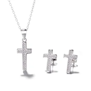 RENSINO Sterling Silver 925 Jesus Cross Pendant and Necklace Fine Jewelry Set for Women
