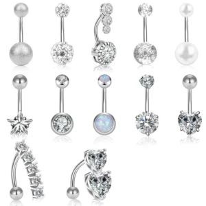 RENSINO Sterling Silver 925 Piercing Belly Button Rings Belly Rings for Women CZ Dangle Curved Navel Barbell Body Piercing Jewelry