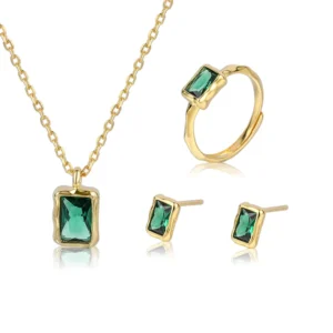 RENSINO Sterling Silver 925 Wedding Set for Women Inlaid Crystal Tourmaline Gold Plated Ring Necklace Earrings