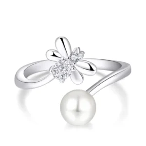 RENSINO Sterling Silver Adjustable Bee Ring Rhodium Plated Pearl and Zirconia Bee Design Engagement Ring 925 for Women’s Fashion Jewelry