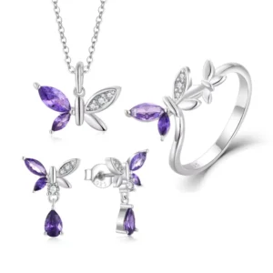 RENSINO Sterling Silver Butterfly Jewelry Set Rhodium Plated Purple Amethyst Cubic Zirconia 925 Silver Designer Jewelry Sets