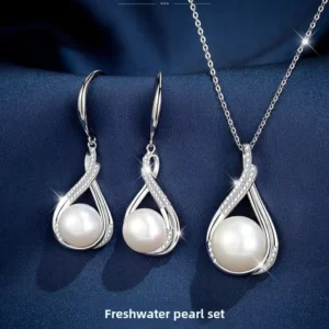 RENSINO Sterling Silver Carbon Silicone Natural Freshwater Pearl Bread Shape Infinite Pendant Necklace Earring Beads Wedding Jewelry Set