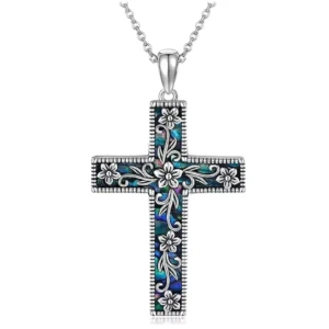 RENSINO Sterling Silver Cross Flower Pendant Necklace Christian Religious Link Chain Jewelry Gifts for Women