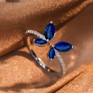 RENSINO Sterling Silver Female Fashion Ring with Blue Zircon Inset Marquise Cut Diamond Rhodium Gold Plating for Wedding Engagement Gift