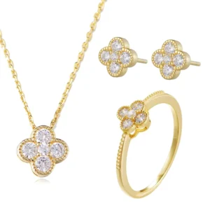 RENSINO Sterling Silver Gold Plated Jewelry Designer Four Leaf Clover Earring Rings Pendant Necklace Jewelry Set for Women