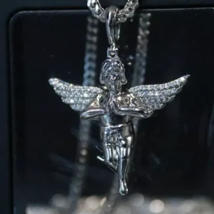 RENSINO Sterling Silver Jewelry Religion Angel Pray Iced Out Pendant Necklace