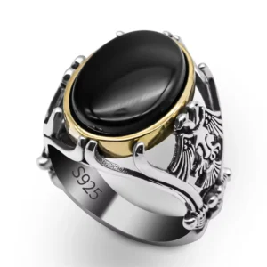 RENSINO Sterling Silver Ring Vintage Turkish Finger Natural Black Agate Stone 925 Islamic Silver Rings for Muslim Men