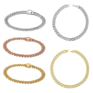 RENSINO Sterling Silver S925 14K Gold Plated Square Zircon Cuban Chain Bracelet for Children