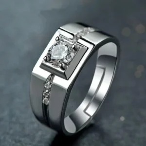 RENSINO Sterling Silver S925 Men’s Four-claw Ring Moissanite Simulation Diamond Ring