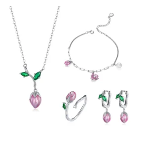 RENSINO Sterling Silver S925 Pink Flower Green Leaves Earrings Ring Necklace Bracelet Jewelry Set