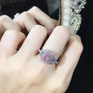RENSINO Sterling Silver Wedding Ring Fancy Radiant Iced Cut Pink Cubic Zirconia Diamond Engagement Halo