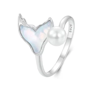 RENSINO Sterling Silver Zircon Pave Setting AAAAA Grade Mother of Pearl Ocean Style Mermaid Tail Luxury Women’s Ring
