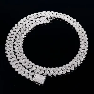 RENSINO Stock Factory 15mm Silver Inlaid Moissanite 3 Row Stone Cuban Chain 925 Silver Gold Rhodium Plated Trendy Women’s Gift