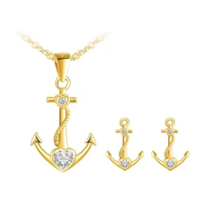 RENSINO Stone-Inlaid Heart Anchor Sterling Silver Necklace Earring Set Gold Plated with Zircon for Gift Engagement Bijouterie