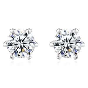 RENSINO Stud Earrings For Women With VVS1 Moissanite For Daily Wear Round Cut 6 Prong Moissanite Solitaire Earrings