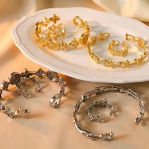 RENSINO Stylish Elegant Design Horseshoe-shaped Hollowed-out Micro-inlaid Titanium Alloy Zircon Ring Bracelet Set