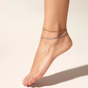 RENSINO Stylish Minimalist Double Layer Chain Stainless Steel Anklets Shiny Cauliflower Chain Gold Plated Anklets for Women