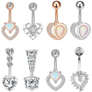 RENSINO Stylish Stainless Steel Zircon Perforated Heart Belly Body Jewelry Navel Ring Belly Button