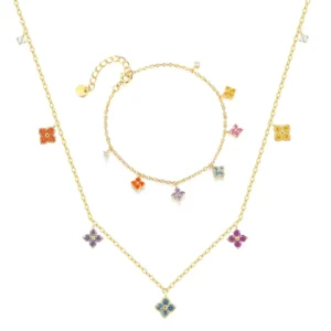 RENSINO Summer 925 Sterling Silver Fine Jewelry Sets Colorful Zircon Four Leaf Clover Necklace Bracelets for Women