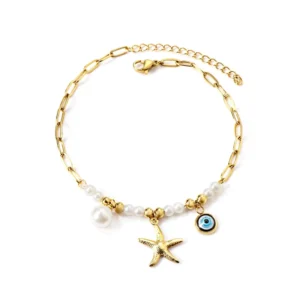 RENSINO Summer Beach Bohemian Fashion Jewelry Waterproof Stainless Steel 18K Gold Plated Shell Pearl Starfish Charm Anklet Women