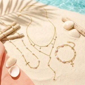 RENSINO Summer Beach Stackable Silver 925 Body Jewelry Women Gold Plated Bikini Layered Cross Chest Chain Natural Pearl Chain Necklace