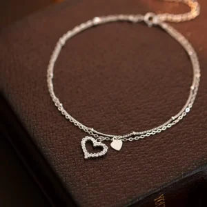 RENSINO Summer Double Layer Chain Foot Jewelry 925 Sterling Silver CZ Zircon Heart Shape Anklets for Girls Beach Jewelry
